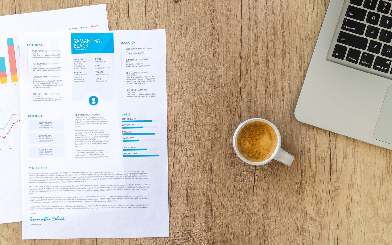 A printed resume with header, body, chart, and signature regions detected