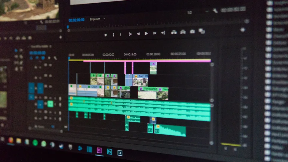 A video editing timeline with clip thumbnails on the video track and an audio waveform below